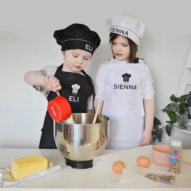 Kids Chef Apron And Hat Set - Adjustable Kitchen Apron With Pocket For Baking & Crafting